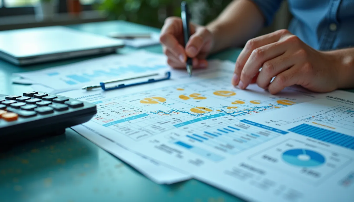 Professionelle Darstellung von Finanzvergleich, Dokumente und Taschenrechner auf modernem Schreibtisch, teal-akzentiert